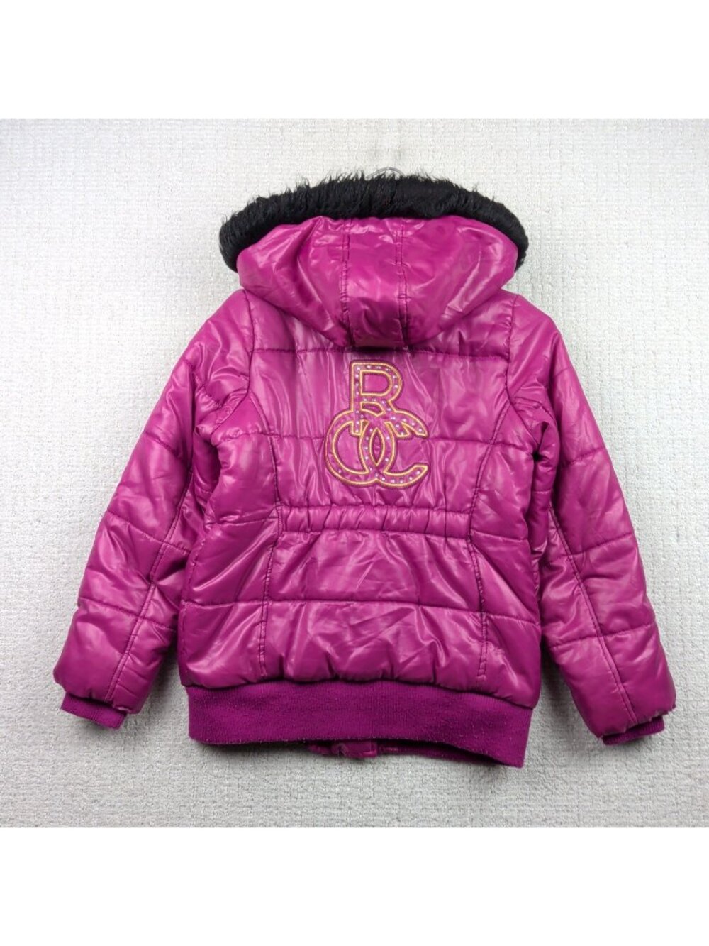 Y2K Rocawear Faux Fur Pink Puffer Jacket Sz *M* McBling Glam Rhinestone Read
